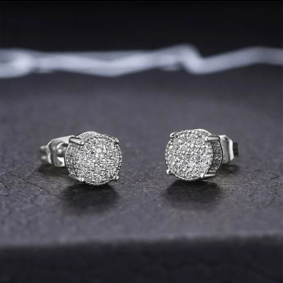 Jewelry - Shiny Round Zircon Hip Hop stud Paved Shiny Silver Stud CZ Silver Cubic Zircon